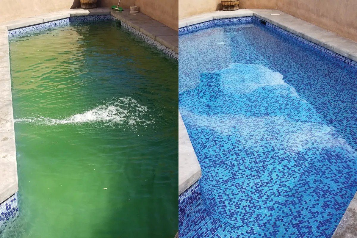 Green pool before and after recovery, Diamond Blue Pool Service Queen Creek AZ